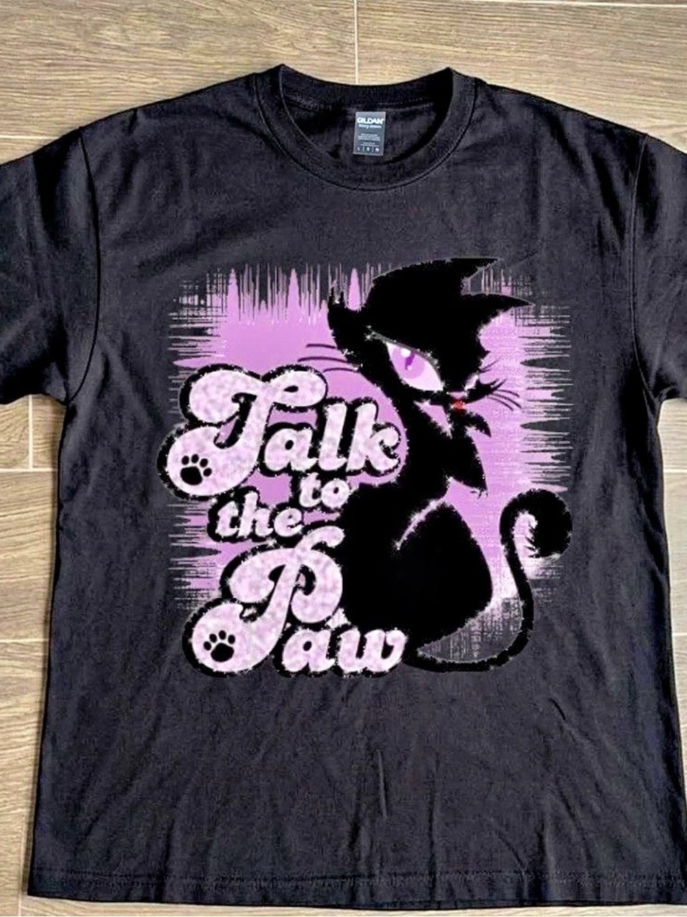 Gildan Graphic Cat Tee in Black & Pink